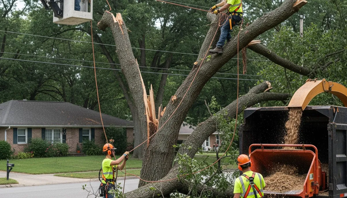 Emergency tree service crew clearing storm-damaged trees in San Antonio, TX