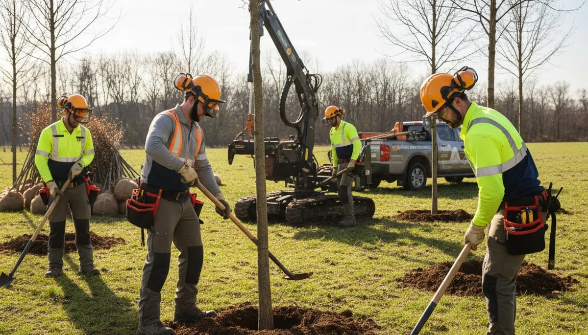 San Antonio tree service planting a young tree for healthy growth in a residential yard