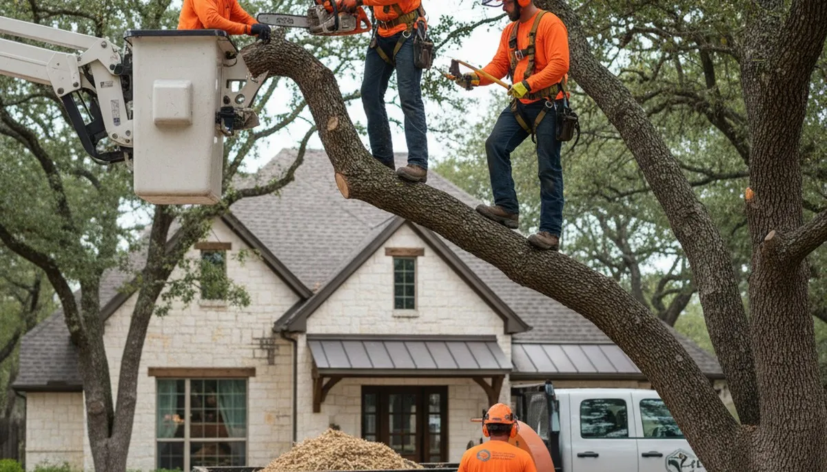San Antonio, TX tree service crew trimming trees for residential property care